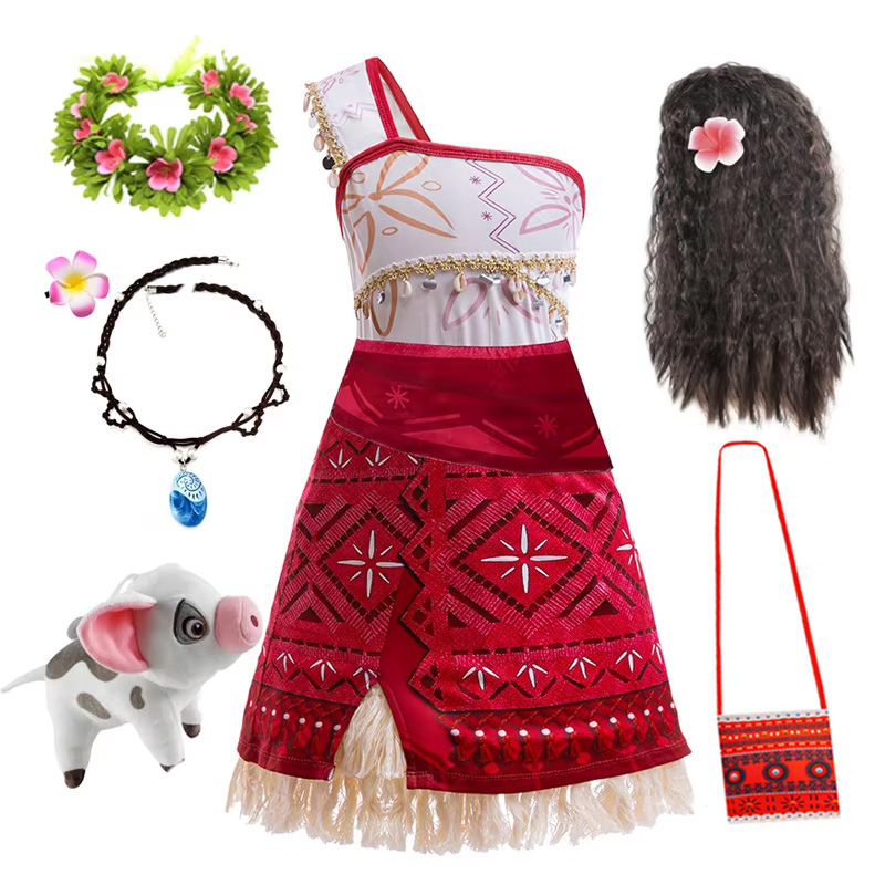 New Movie Moana 2 Dress for Girls Adventure Costume Girl Princess Fancy Clothes Children Vaiana Carnival Party Necklace Pig Set