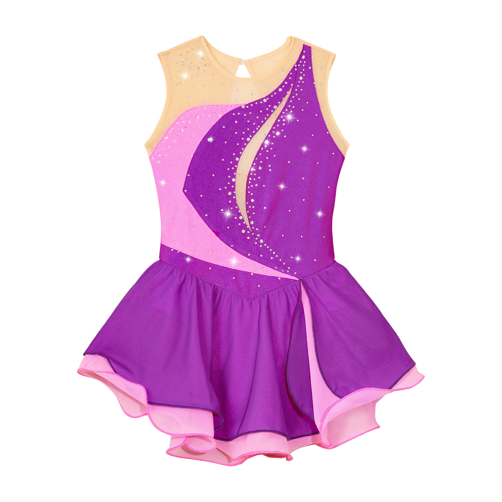 Meisjes Mouwloze Chiffon Kunstschaatsen Jurk Glanzend Strass Ballet Gymnastiek Dans Turnpakje Performance Wedstrijd Kostuum
