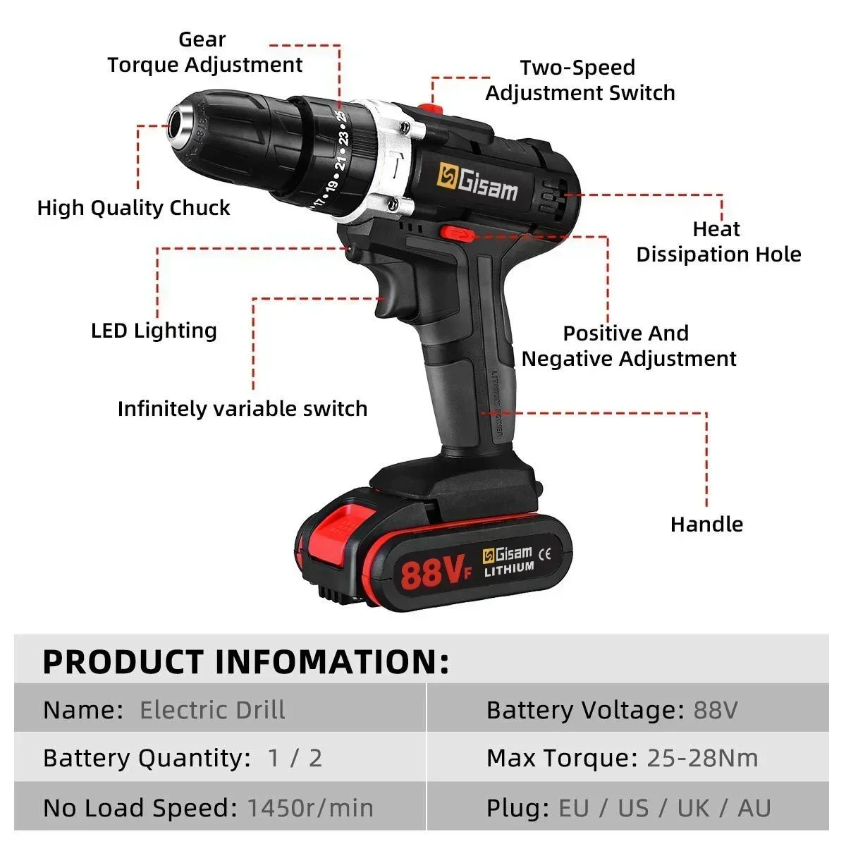 25+3 Torque Electric Drill Cordless Electric Screwdriver Rechargeable Portable Lithium-Ion Power Tool Battery 2Speed DIY Driver
