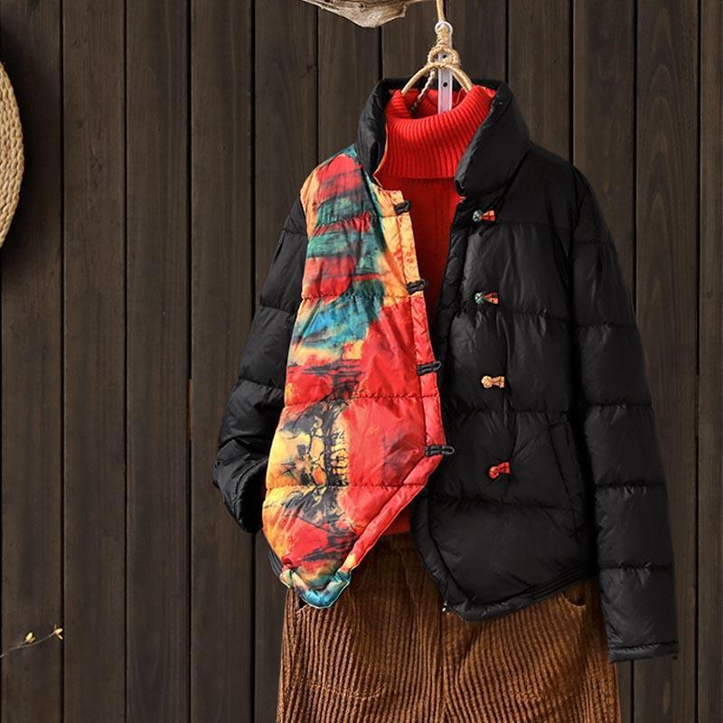 Vintage Coil Button Print Patchwork Daunen Baumwoll jacke Winter Frauen kurze Jacke warmen Mantel leichten Mantel Langarm Parkas
