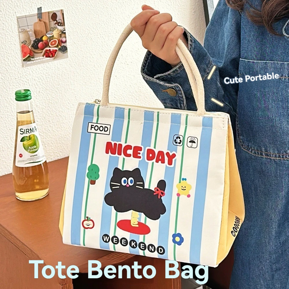 Bolsa de almuerzo con diseño de gatito, bolsa de almuerzo con aislamiento de papel de aluminio de mano para estudiantes, bolsa de caja de almuerzo de gran capacidad