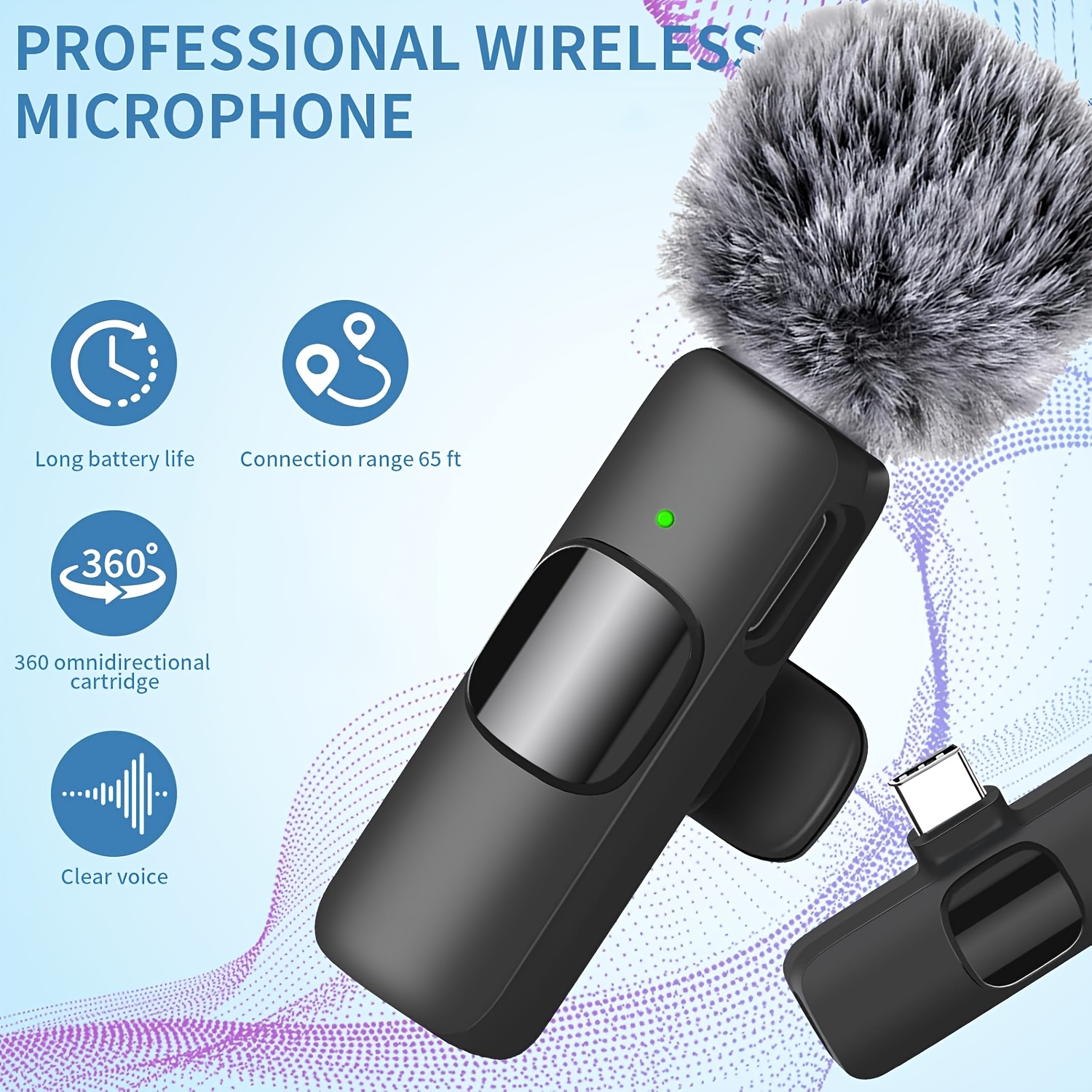 Draadloze microfoon met type C-connector voor audio-opname, livestreaming, videoconferenties en zingen