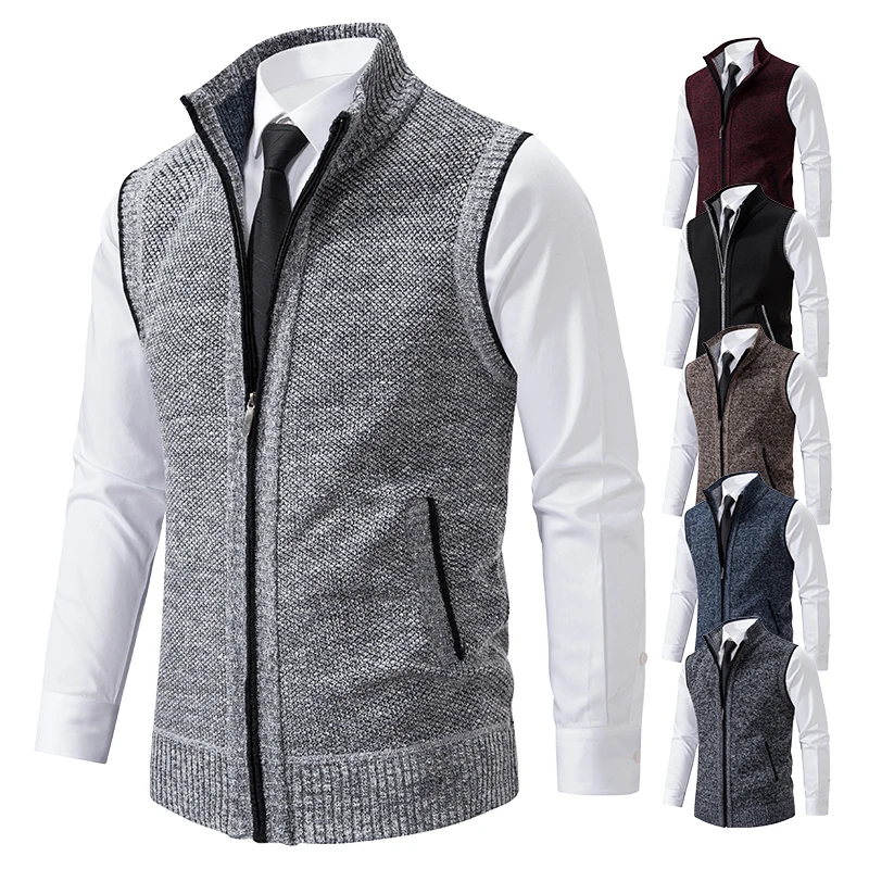 Chaleco de punto para hombre, suéter sin mangas, chaqueta de lana y terciopelo con cremallera, cárdigan, jerséis con cuello alto, chaleco de punto