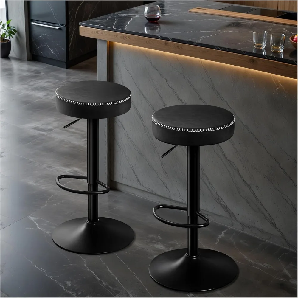 Swivel Bar Stools Set of 2 Black Microfiber Leather Counter Height Bar Stools with Round Seat Adjustable Backless Barstools