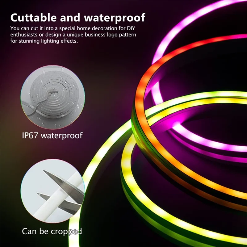 TUYA นีออนไฟ LED Strip 12-24V 84 LEDs/M ซิลิโคนนีออนเชือกเพลง SYNC RGBIC Dreamcolor Chasing Strip เทปสําหรับห้อง