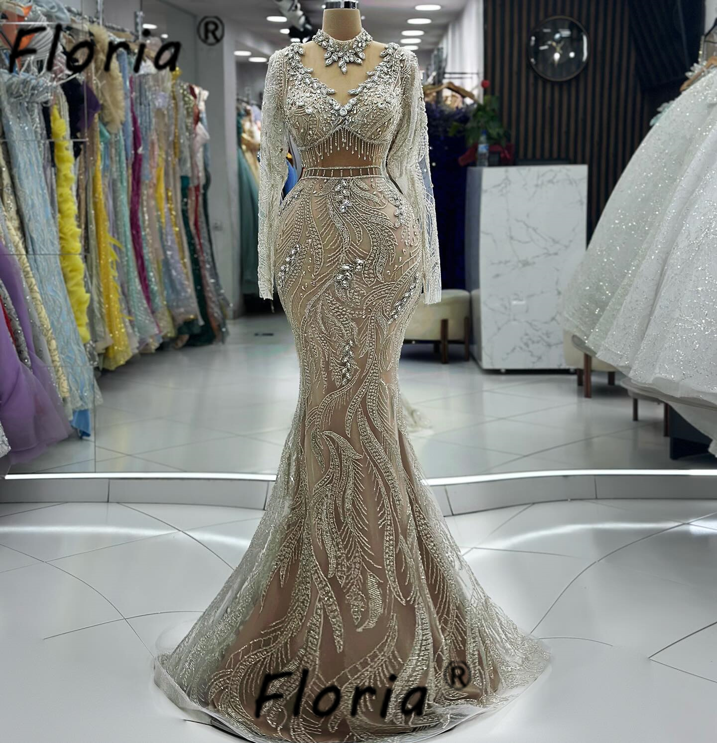 Elegante Dubai voll glänzende Perlen Meerjungfrau Abendkleid formelle Party kleider Champagner durch Taille lange Führungs kleider sehen
