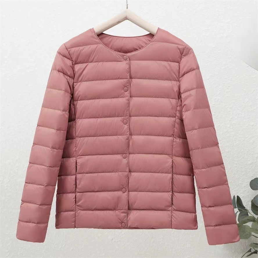 女性用超軽量ダックダウンジャケット,襟なし,リバーシブル,ポータブル,フェザー,オーバーコート,秋冬,0〜10 ℃, 2024
