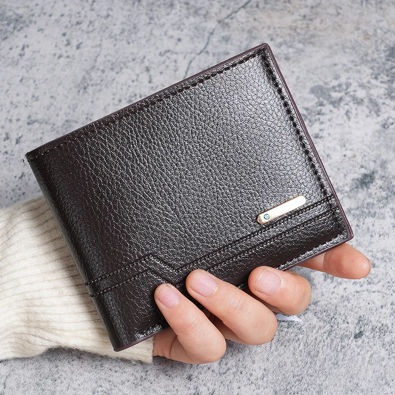 Men'S Short Pu Leather Wallet Business Casual Lychee Pattern Soft Leather Wallet Multi Card Large Capacity Wallet Card Holders