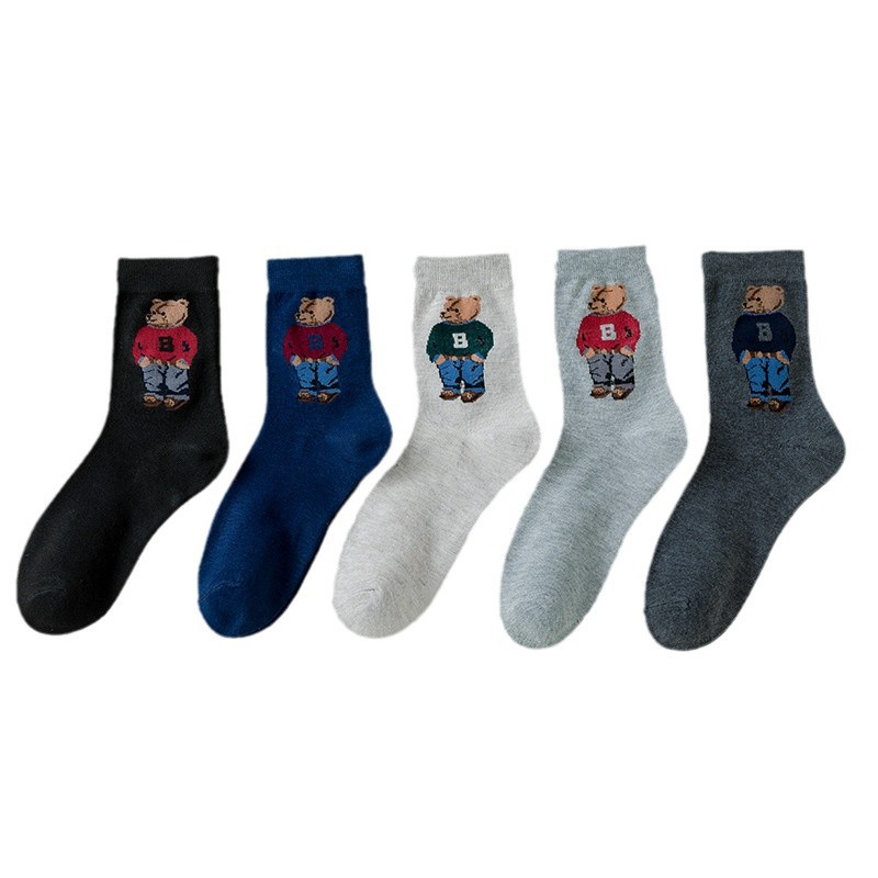 5 pares de calcetines de Otoño Invierno para hombre, calcetines de tubo medio con dibujos de oso grande de Color sólido, calcetines de moda transpirables absorbentes simples al por mayor