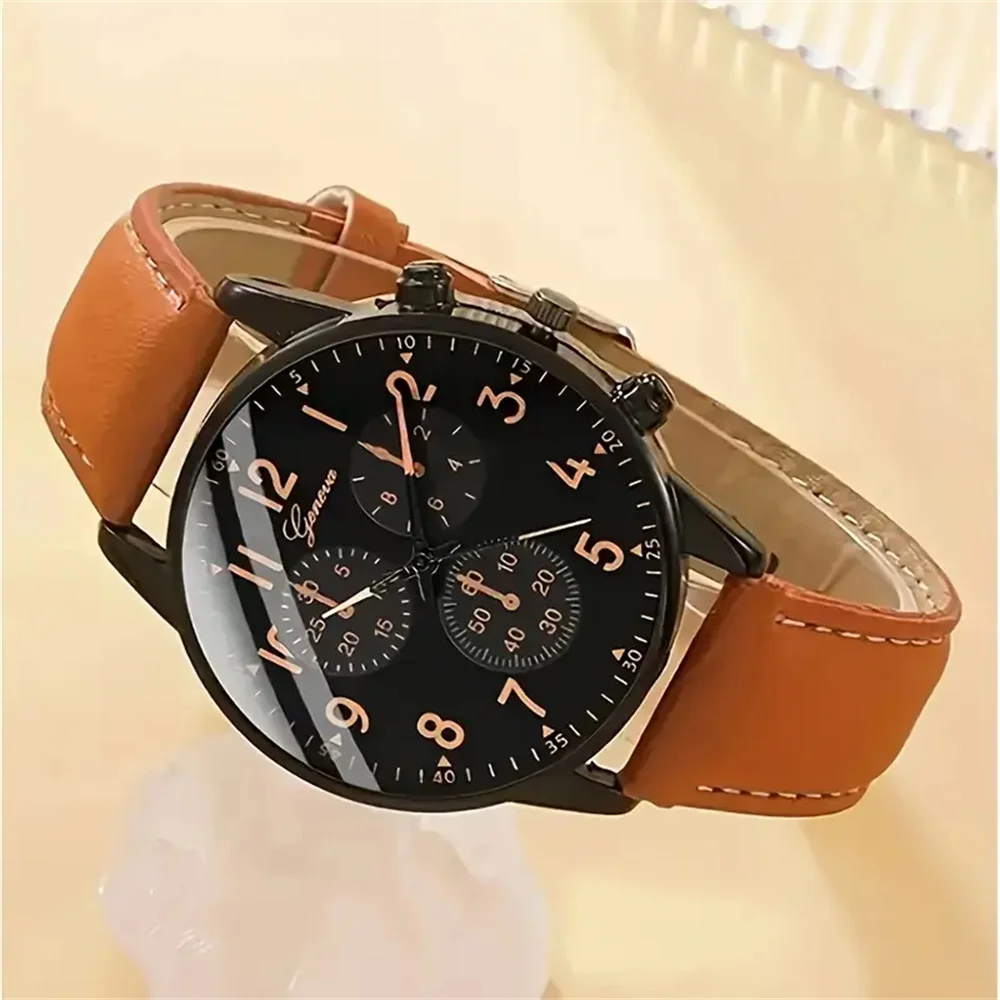 4 peças! Conjunto de relógio de quartzo da moda masculina com pulseira de couro sintético marrom e pulseira simples - exibição de data, sem à prova d'água, zinco Al