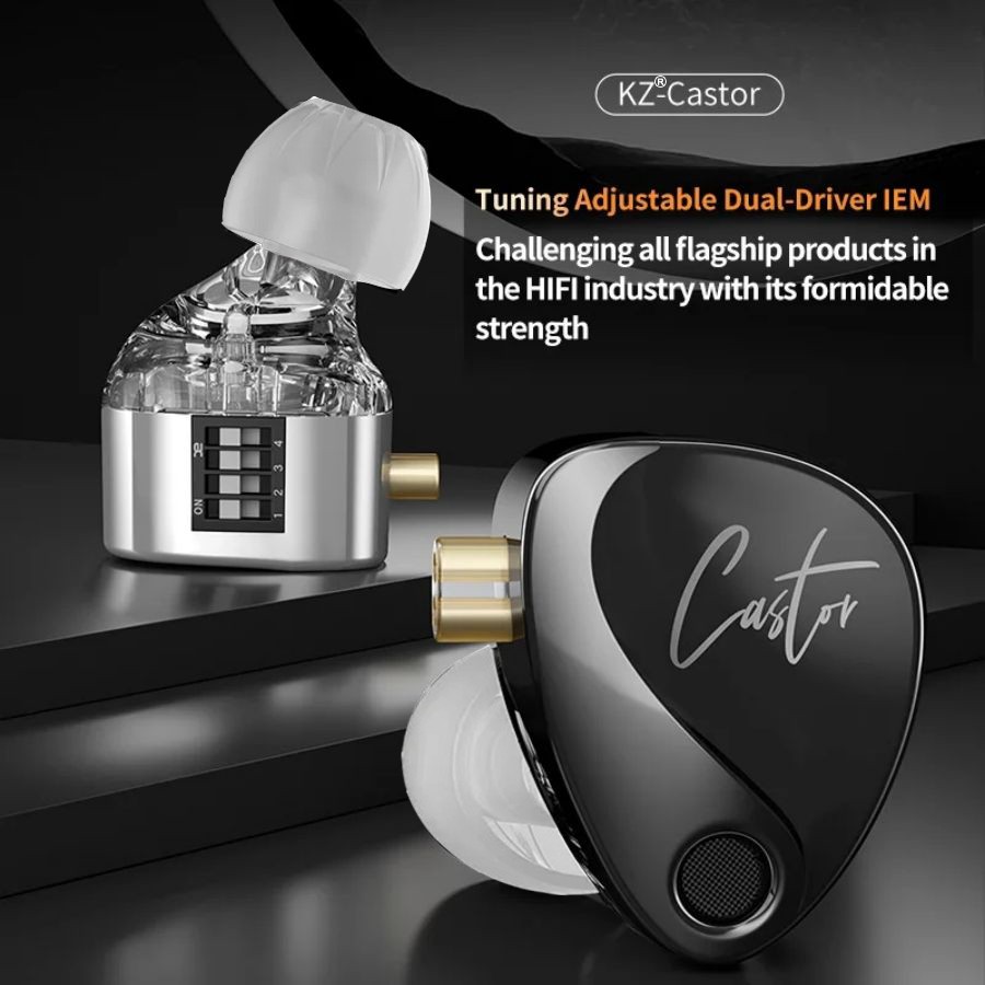 KZ-Castor Bass Hi-Fi fone de ouvido, Dual Dynamic Driver, Wired Harman Tuning, isolamento do ruído, IEM Headphones, 2Pin cabo destacável