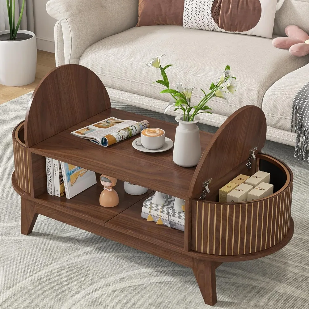 Couchtisch mit Stauraum, moderner Mid-Century-Couchtisch mit 2 klappbaren versteckten Deckeln, geschlitztem Couchtisch, Mitteltisch aus Holz