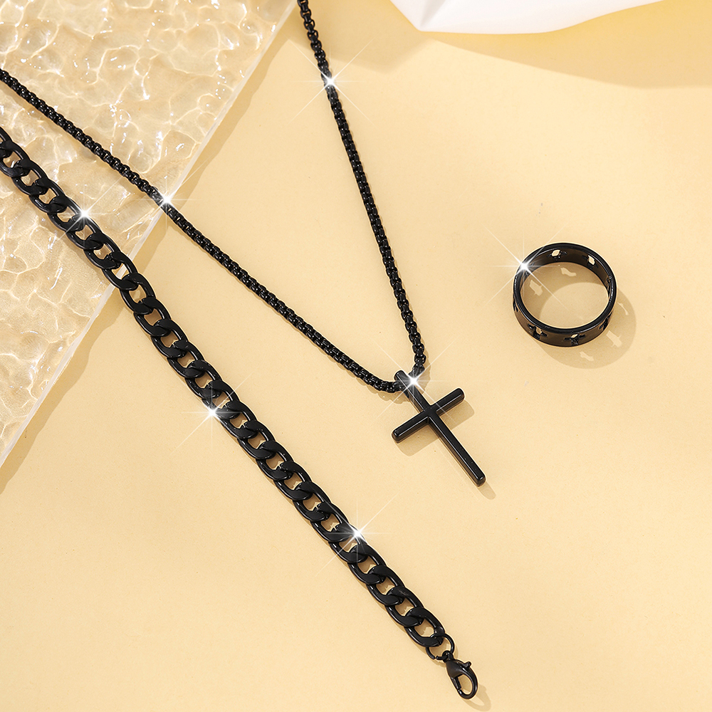 Set da 3 pezzi da uomo in acciaio inossidabile con ciondolo a forma di croce in metallo, collana a catena, bracciale, anello, set di gioielli, accessori da indossare ogni giorno hip-hop maschile