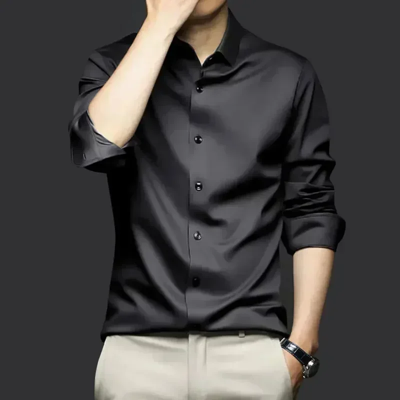 Camicia a maniche lunghe da uomo S-6XL camicia bianca pura resistente alle rughe di lusso abito da lavoro camicia lucida in seta di ghiaccio Casual