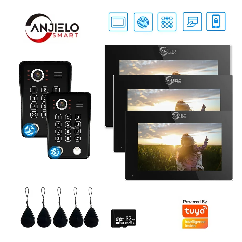 Tela sensível ao toque do interfone video porteiro Tuya de 7/10 polegadas com campainha com fio 1080P 148 °   Cartão de impressão digital com senha de APP Swipe 3Monitor