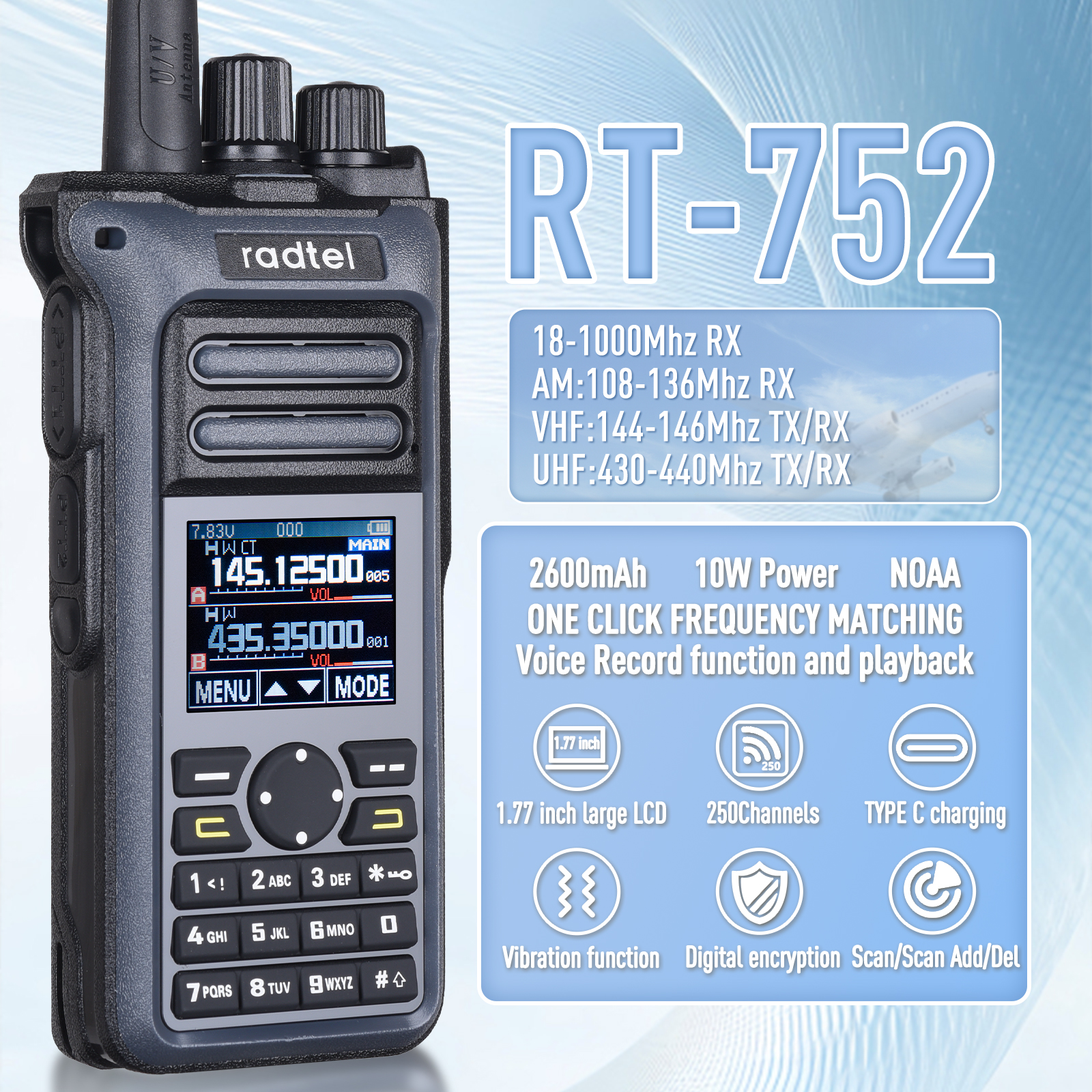Radtel RT-752 10w Air Band Walkie Talkie Full Band Amateur Ham 250CH HT USB-C Batteria NOAA FM AM Registrazione Vibrazione