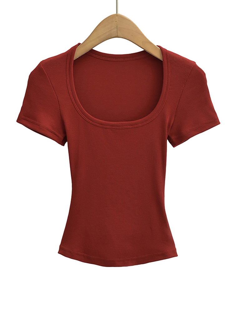 Top corto estivo ad alta elasticità con collo quadrato, camicia base pullover slim fit da donna a maniche corte
