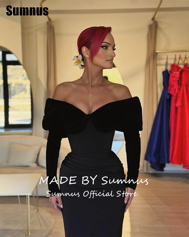 SUMNUS Elegante schwarze gerade Abend-Partykleider, schulterfrei, lange Ärmel, trägerlos, formelle Ballkleider, individuell gestaltet