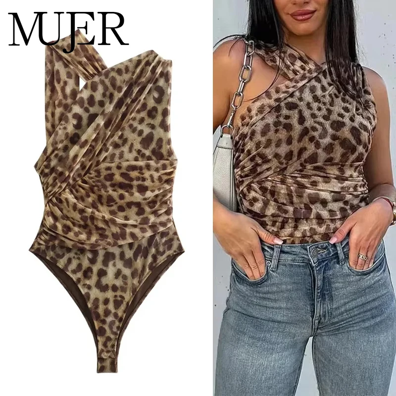MUJER 2025 Body de malla con estampado de leopardo para mujer, Body Sexy de tul con hombros descubiertos, Body ajustado sin mangas, lencería, Tops de verano