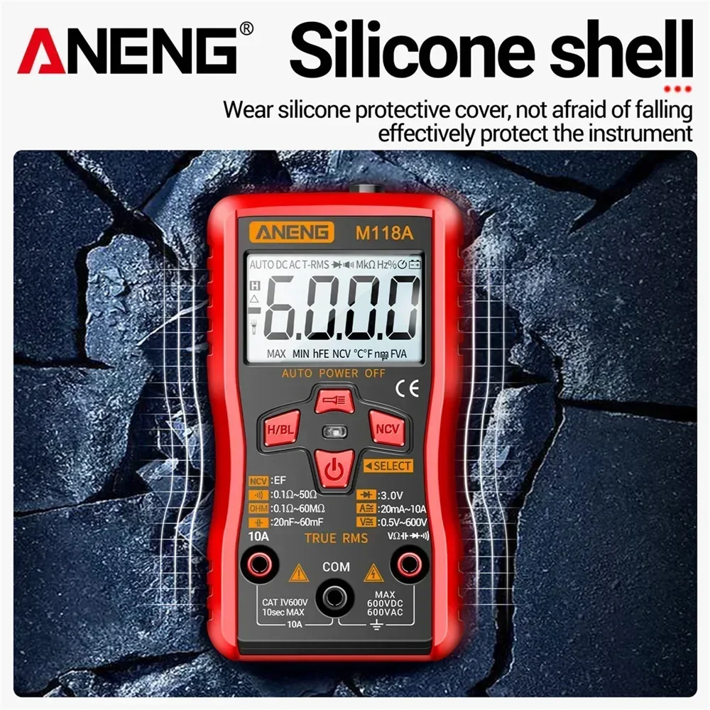 ANENG Digitales Mini-Multimeter, 6000 Zählungen, automatisches Multimetro, DC/AC-Spannungsprüfer, Tranistor-Messgerät, NCV, Datenspeicherung, Taschenlampe M118A