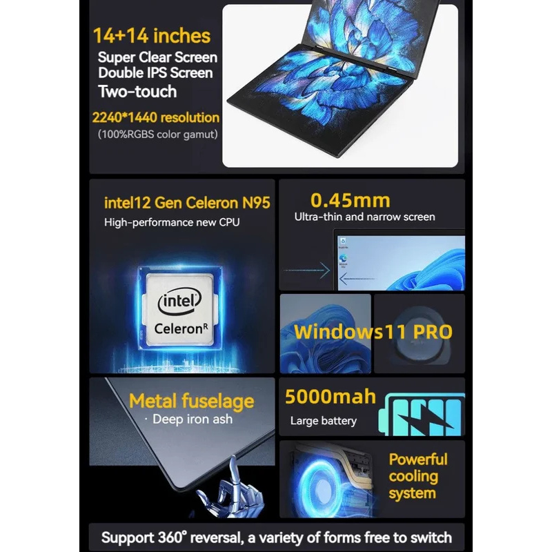 Logotipo personalizado pantalla táctil Dual de 14 pulgadas N95 11th Gen DDR4 pantalla táctil doble portátiles de negocios 2 pantalla YOGA ordenador PC