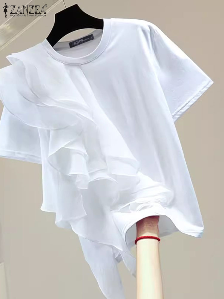ZANZEA วันหยุดฤดูร้อน O-คอเสื้อผู้หญิง Ruffled เย็บเสื้อแฟชั่น 2024 เสื้อแขนสั้นลําลองหลวม Blusa Femme