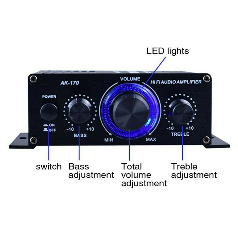 AK-170 Mini HiFi Stereo Audio Amplifier Bluetooth LED 200W+200W 12V Dual Channel Power Home Car Amp with RCA Input Amplificador