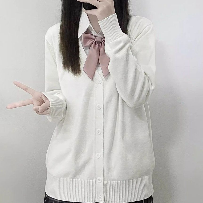 Suéter de punto con cuello en V de color sólido de moda japonesa, cárdigan de uniforme newJK original, suéter de algodón para mujer de otoño e invierno