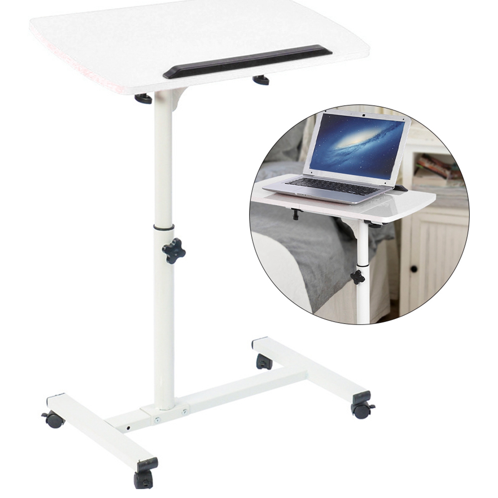 Bureau multifonctionnel pour ordinateur portable avec roulettes, blanc, collation de nettoyage, lit, canapé