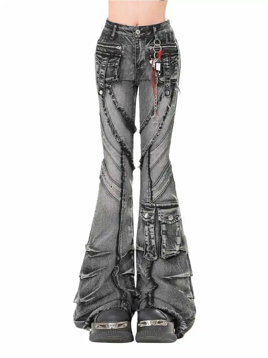 2025 Autumn Winter Women's Denim Pants Dark Academia Cargo Jean Flared Bell Bottom Designer Kpop Japanese Y2k 2000s Goblin Core