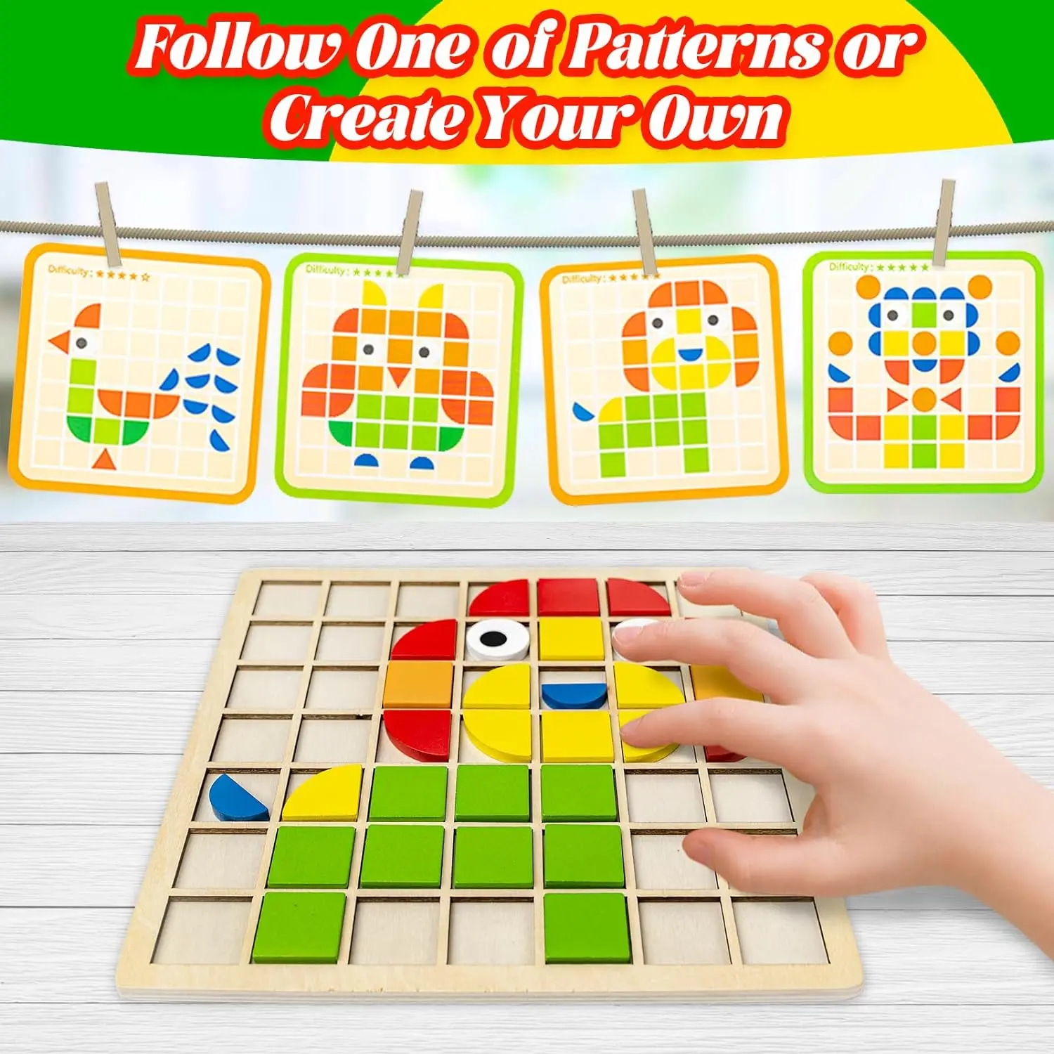 Wooden Montessori PuzzleToys Mosaic Color Shapes Sensory Game  Early Educational Toy  Jigsaw Pattern Blocks for Toddler's Gifts