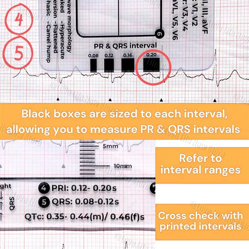 ECG 7 Step Ruler, Ruler Card for ECG/EKG Interpretation, Portable Pocket ECG EKG Reference Guide with Sheath, Emergency tool