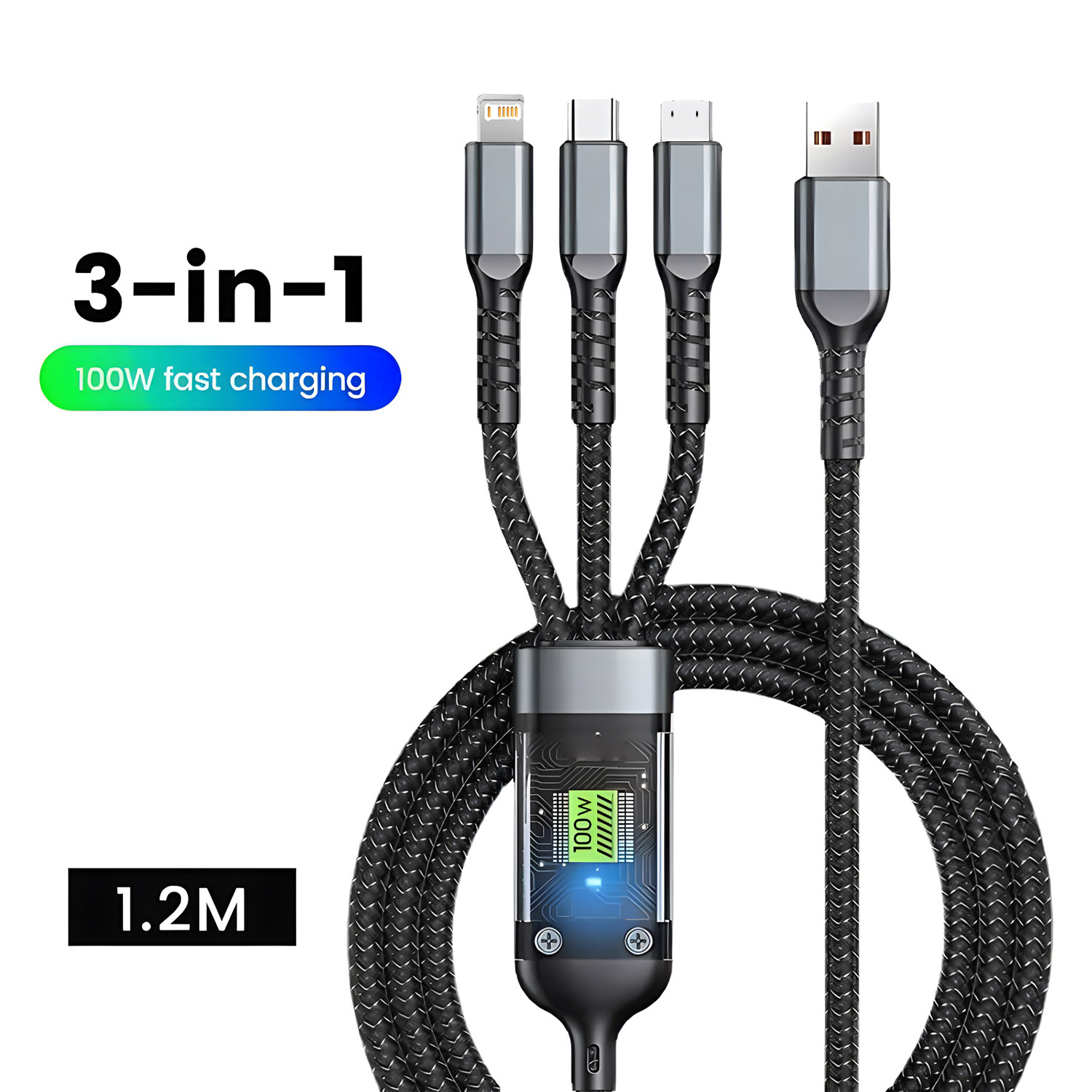 100W 6A 3-in-1Charger Cable, USB to Type-C/Micro/LIGHTNING Multi Charging Cord for iPhone 15/14/13 Samsung Xiaomi Huawei