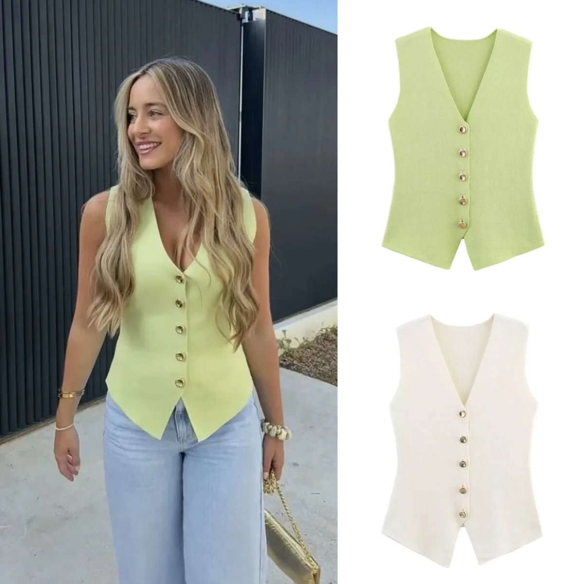 ETJ 2025 neue Damen-elegante Mode-All-Match-V-Ausschnitt ärmellose Weste Jacke gestrickte Weste