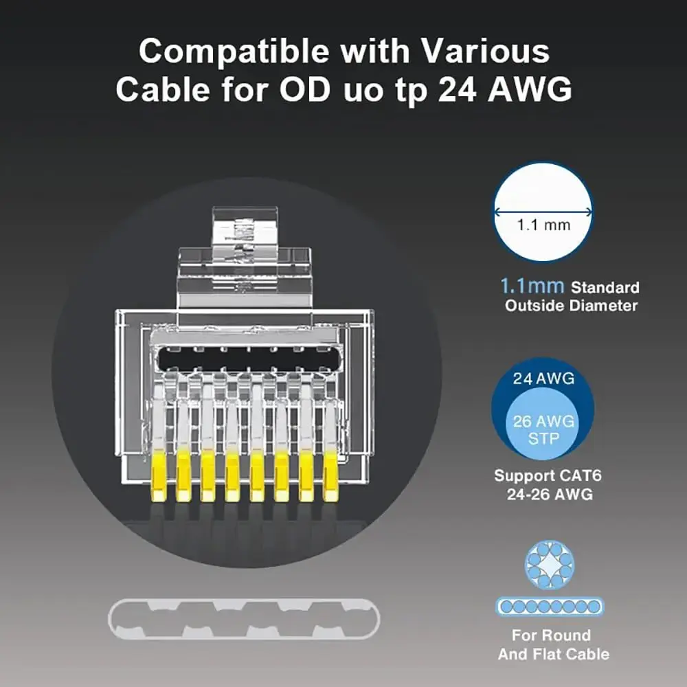 ZOERAX 50/100pcs Shielded RJ45 CAT5 CAT6 Pass Through Connectors 1.1mm Hole Modular Plug Gold Plated 3 Prong 8P8C Ethernet Ends
