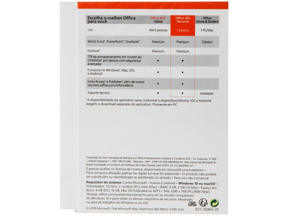 Pacote Office 365 Personal 1 Ano Digital