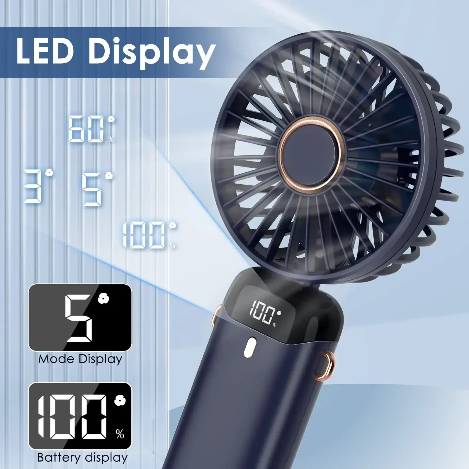 5000mAh Handheld Mini Fan Wireless USB Rechargeable Portable Digital Display Phone Holder Fan 5 Speed Foldable Neck Hanging Fans
