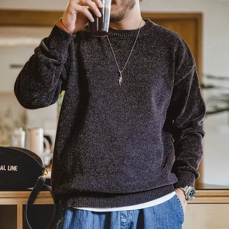 Maden Lässiger Chenille-Rundhalspullover für Herren, warm, hautfreundlich, beige Strickwaren, Herbst-Winter, Basic, einfarbig, weicher Pullover