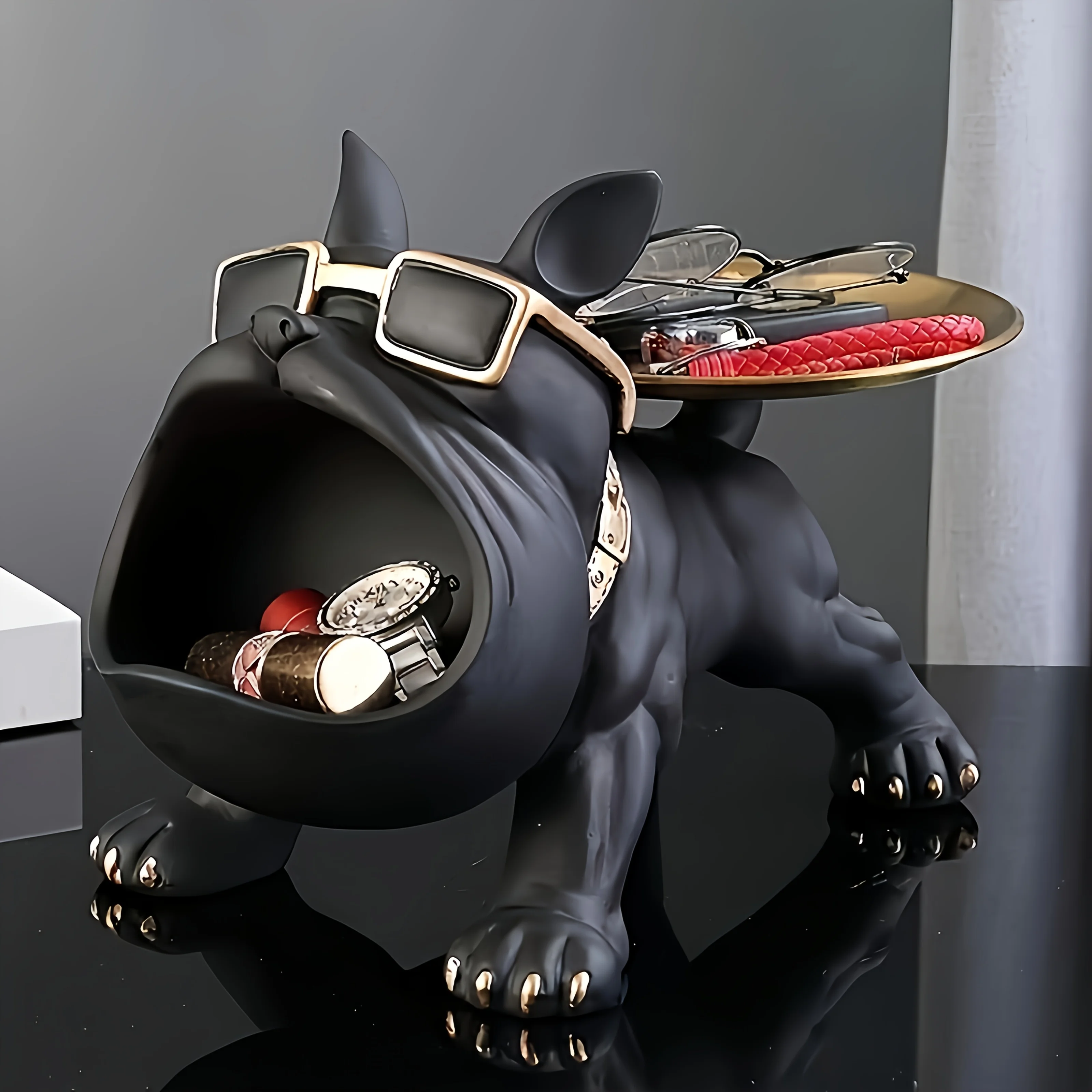 Set di decorazioni per riporre Bulldog nero 1 pezzo - Elegante statua in resina con occhiali e quadrante con montatura dorata - Perfetto per la casa