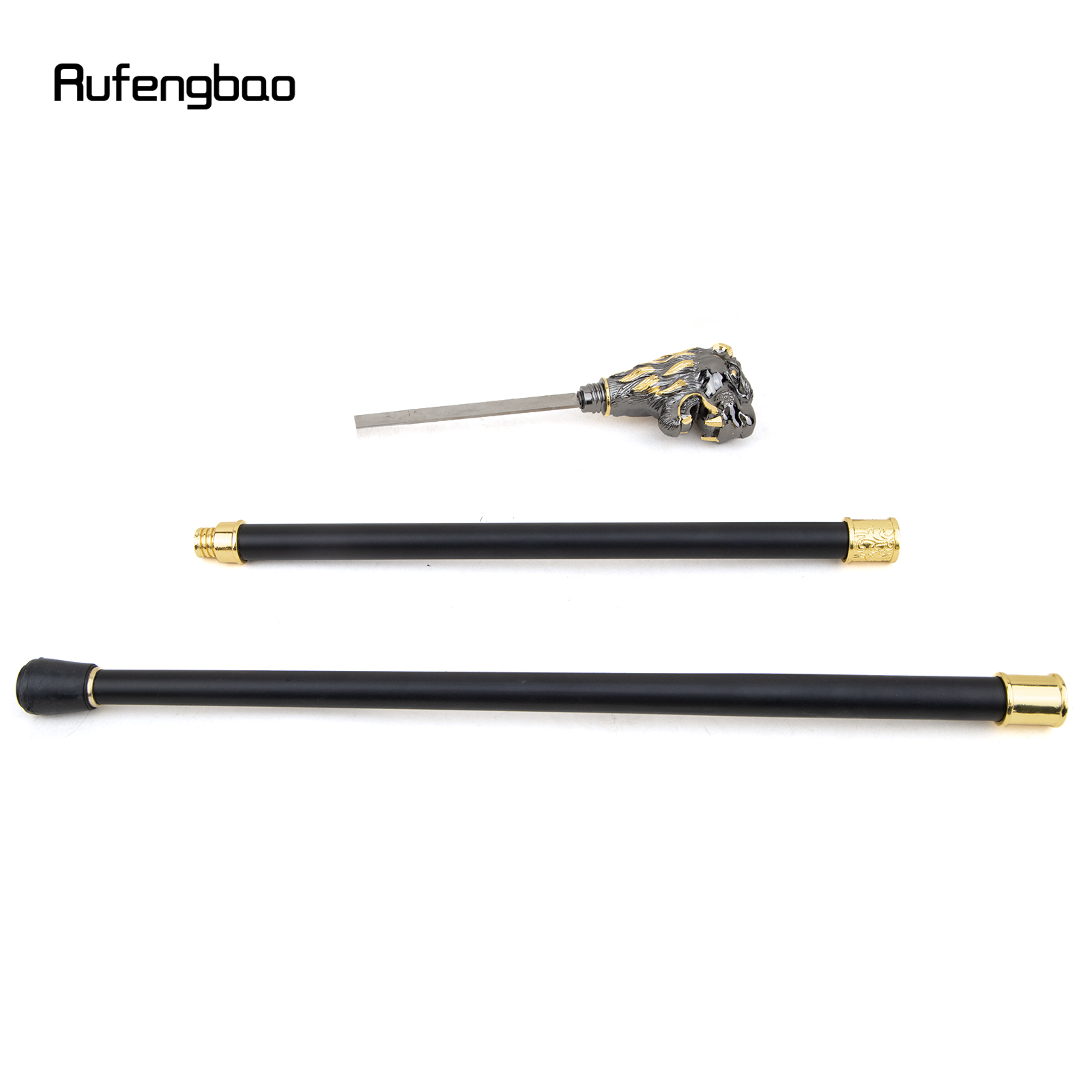 Goldener schwarzer Löwenkopf mit Schnurrbart-Gehstock mit versteckter Platte Selbstverteidigung Mode Rohr platte Cosplay Crosier Stick 93cm