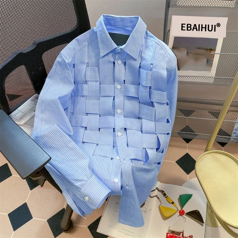 EBAIHUI, camisas lisas con agujeros para mujer, solapa, manga larga, cintura suelta, blusa de retales a la moda, camisa informal elegante de poliéster para mujer 2024