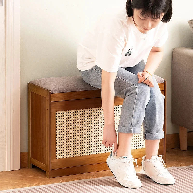 Flip-Top Shoe Cabinet Ultra-Thin Home Entryway Shoe Bench Bamboo Multi-Layer Shoe Rack Indoor Breathable Shoe Storage