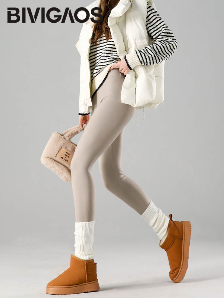 BIVIGAOS-mallas gruesas de lana de conejo para mujer, Leggings cálidos de terciopelo de cintura alta, informales, básicos, piel de tiburón, otoño e invierno, 2024