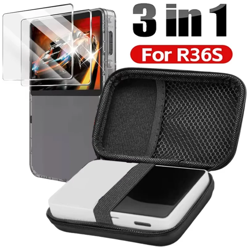Estuche de almacenamiento de transporte 3 en 1 con protectores de pantalla de vidrio templado para consola de juegos R36S, Kit de protectores, bolsa y películas antiarañazos