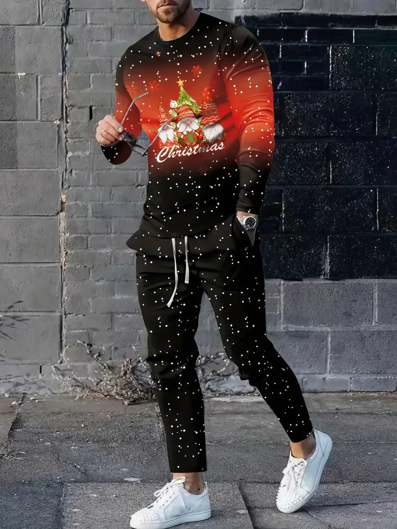 Traje de manga larga con estampado navideño 3D para hombre, Sudadera de cuello redondo y pantalones largos, ropa de moda para correr