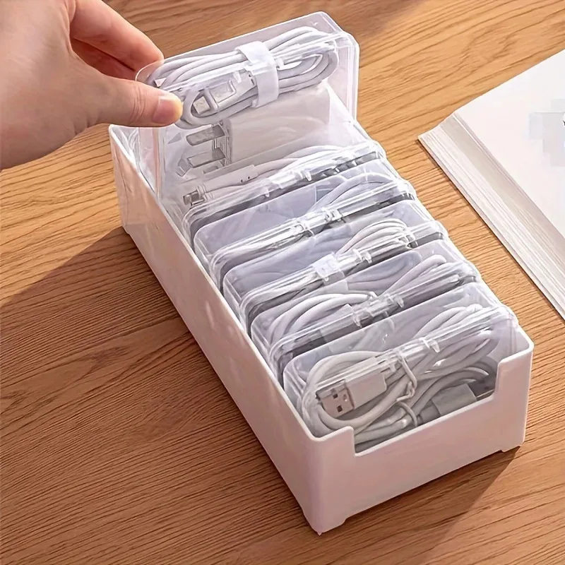 Caja de almacenamiento de cables de datos con 7 cajas de compartimentos pequeños, organizador de cables de escritorio para escritorio de oficina