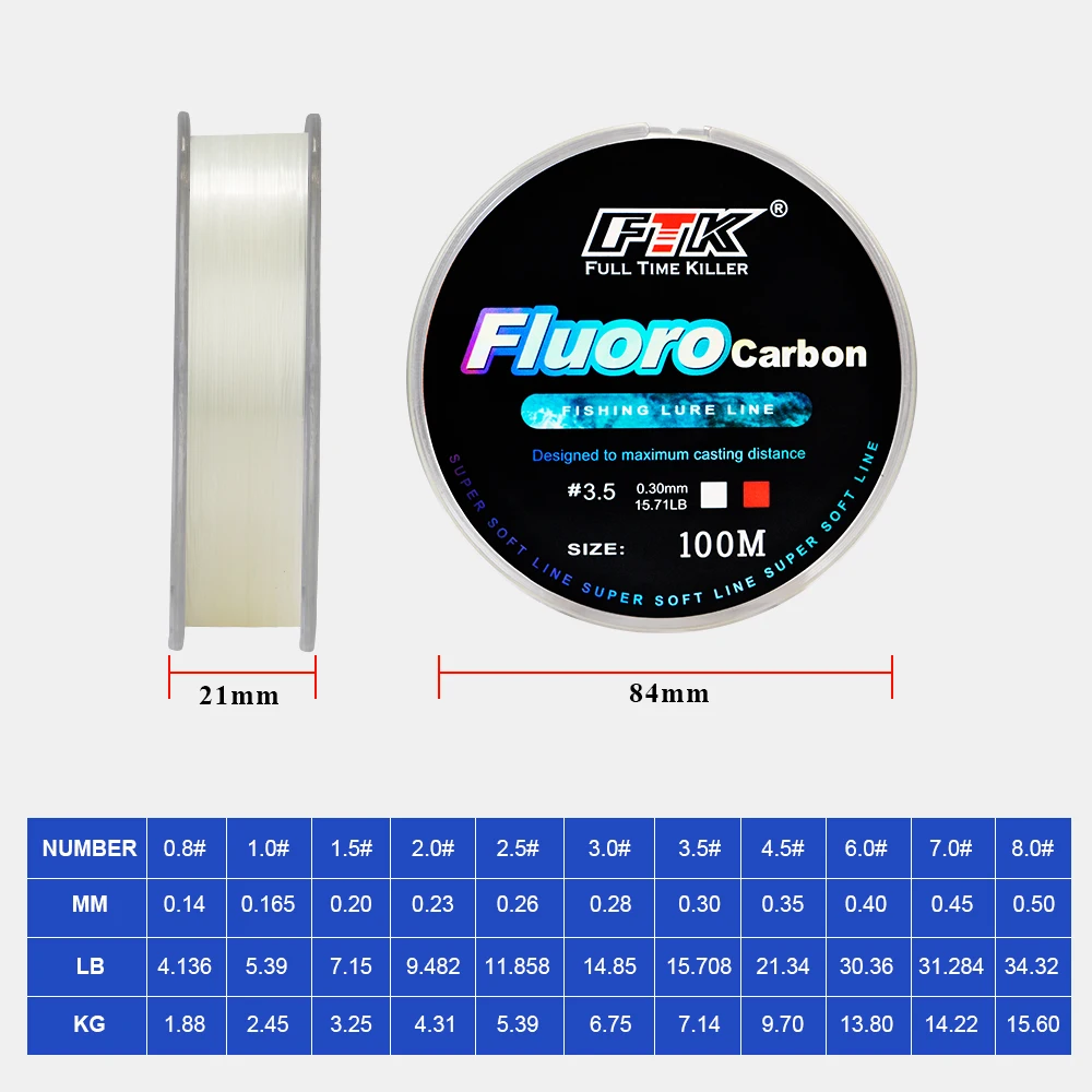 FTK 100M Fluorocarbon เคลือบสายตกปลา 0.14 มม.-0.5 มม.4.13LB-34.32LB คาร์บอนไฟเบอร์ Monofilament Line ปลาคาร์พตกปลา Sinking Line