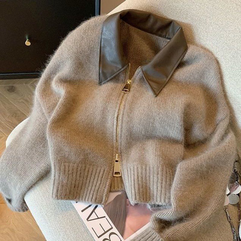 Женский шикарный вязаный кардиган из искусственной кожи с отложным воротником и длинными рукавами, женский свободный свитер, весна 2022, новый корейский женский топ с двойной молнией