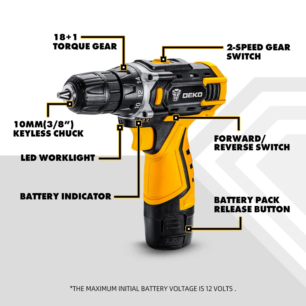 DEKO 12/16/20V MAX Máy Khoan Không Dây Điện Tua Vít 18 + 1 Mô Men Xoắn Cài Đặt, 2 Tốc Độ, 3/8 "Keyless Chuck Dụng Cụ Điện (DKCD Series)