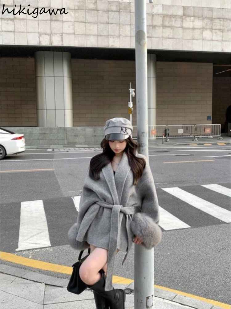 Mode Mäntel für Frauen Patchwork Pelzigen Langarm Bandage Outwear Koreanische Y2k Kleidung Koreanische Temperament Einfarbig Jacken